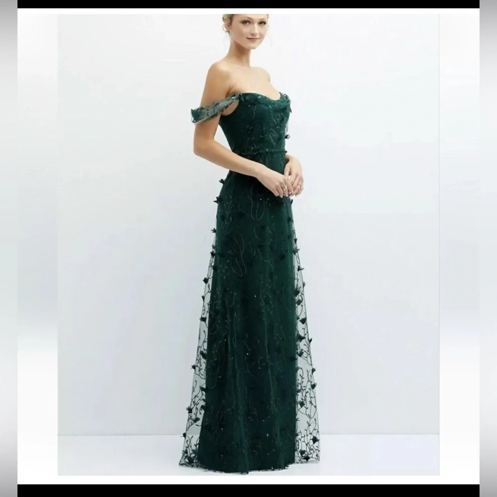 New Dessy Group OFF THE SHOULDER A LINE 3D FLORAL EMBROIDERED Maxi Dress 12R - Picture 2 of 4